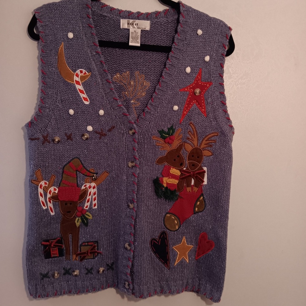 Kikit M. Sasson Women's Ugly Christmas Sweater Vest Size M Reindeer Candy Cane M
